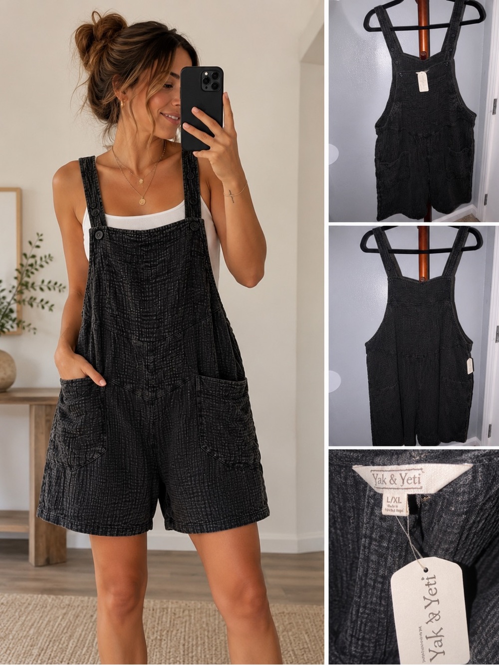 Yak & Yeti Charcoal Color Cotton Gauze Overall Romper L/XL Handmade in Napal NWT